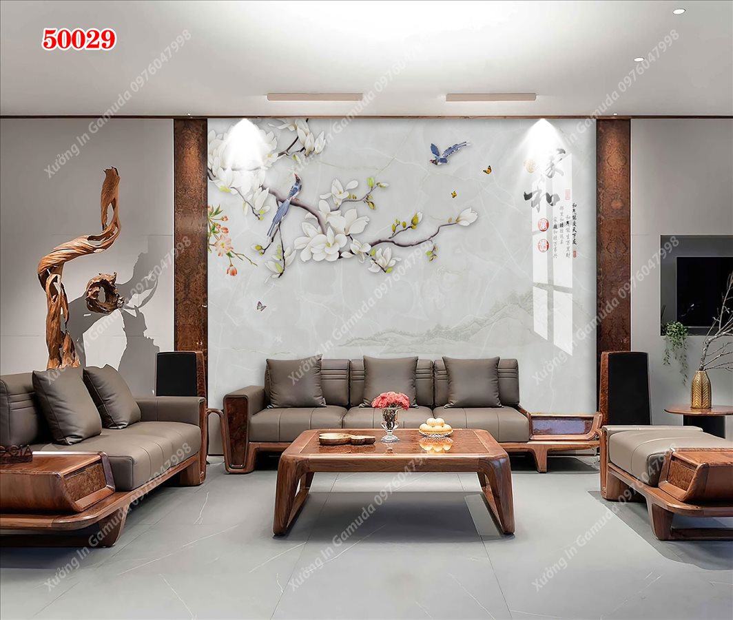 Tranh PVC Vân Đá Và Hoa 3D Trên Nền Trắng Của Núi Và Sương Tuyết- Phục Vụ Nhiệt Tình 24/24h