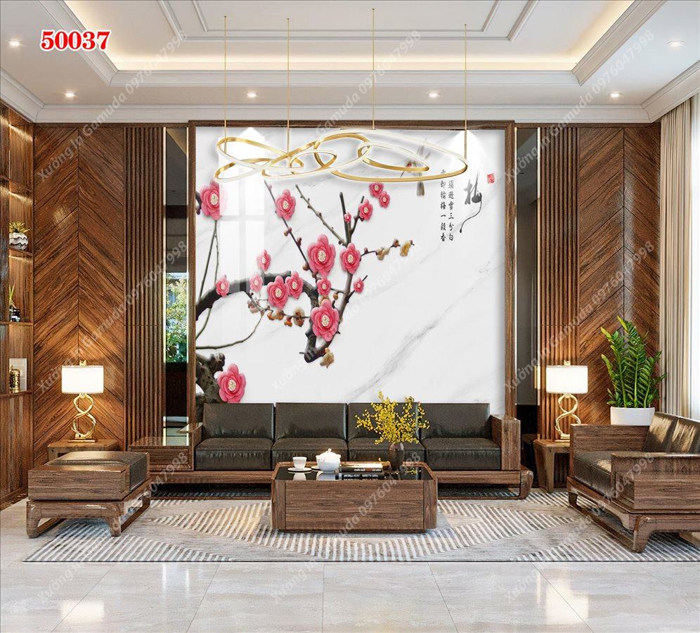 Tranh Ceramic Vân Đá Và Hoa Trên Nền Sương - In Ấn Và Thiết Kế Theo Yêu Cầu