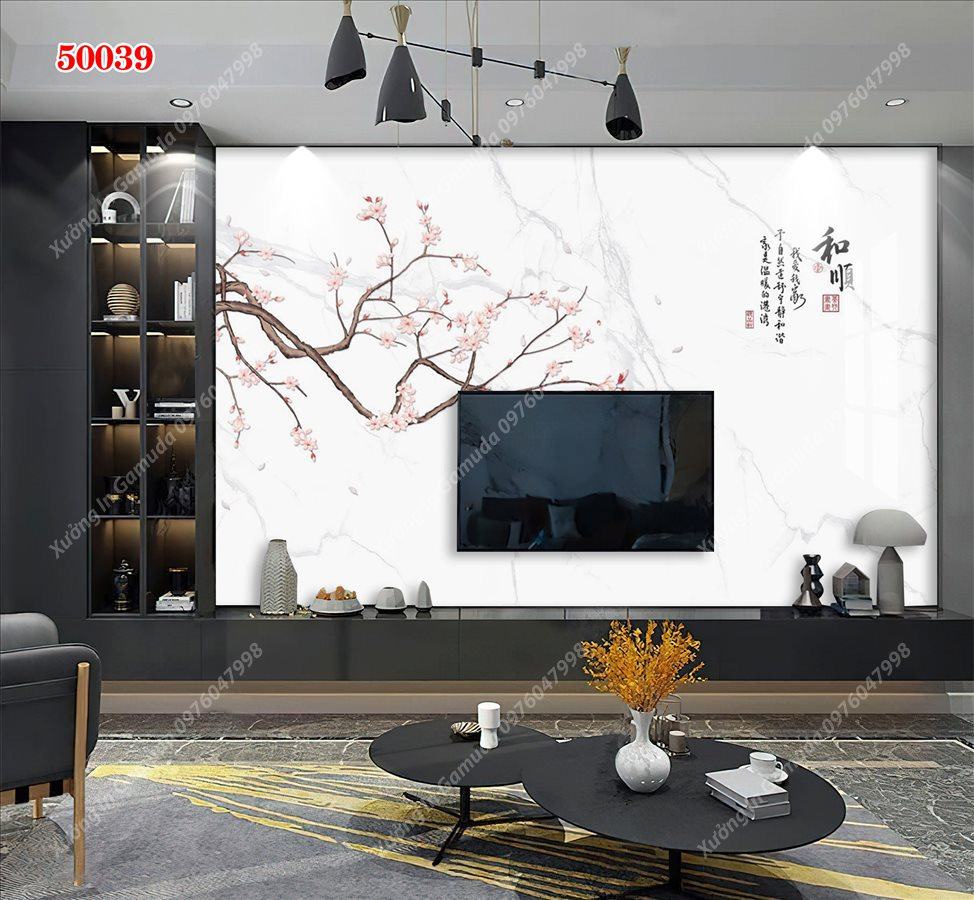 Tranh Gương Phủ Ceramic Vân Đá Và Hoa Trắng Sang Trọng- Phục Vụ Nhiệt Tình 24/24h