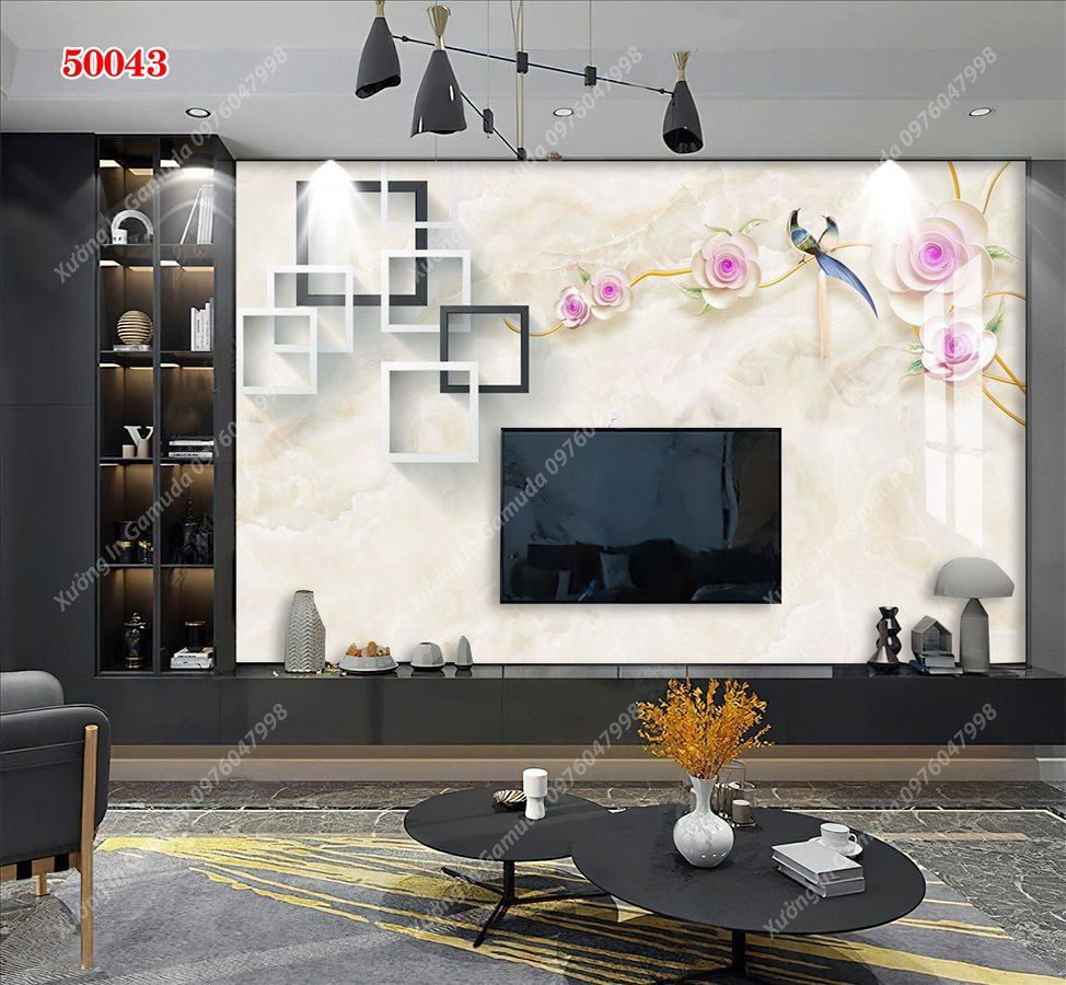 Tranh PVC Vân Đá Và Hoa 3D Trên Nền Trắng Của Núi Và Sương Tuyết- Phục Vụ Nhiệt Tình 24/24h