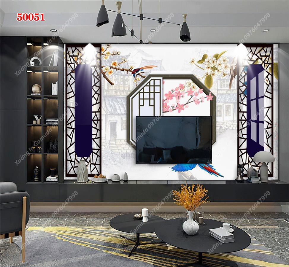 Tranh Ceramic Vân Đá Và Hoa Trên Nền Sương - In Ấn Và Thiết Kế Theo Yêu Cầu