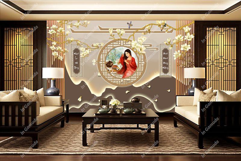 Tranh dán tường quán đông y dưỡng sinh - Mẫu lam sóng hiện đại - Xưởng In Gamuda MDS:013