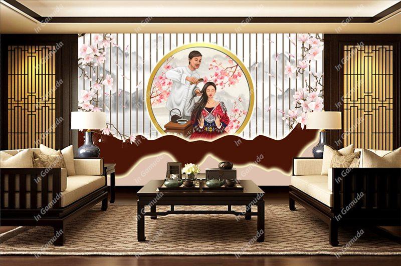 Tranh dán tường quán đông y dưỡng sinh - Mẫu lam sóng hiện đại - Xưởng In Gamuda MDS:016