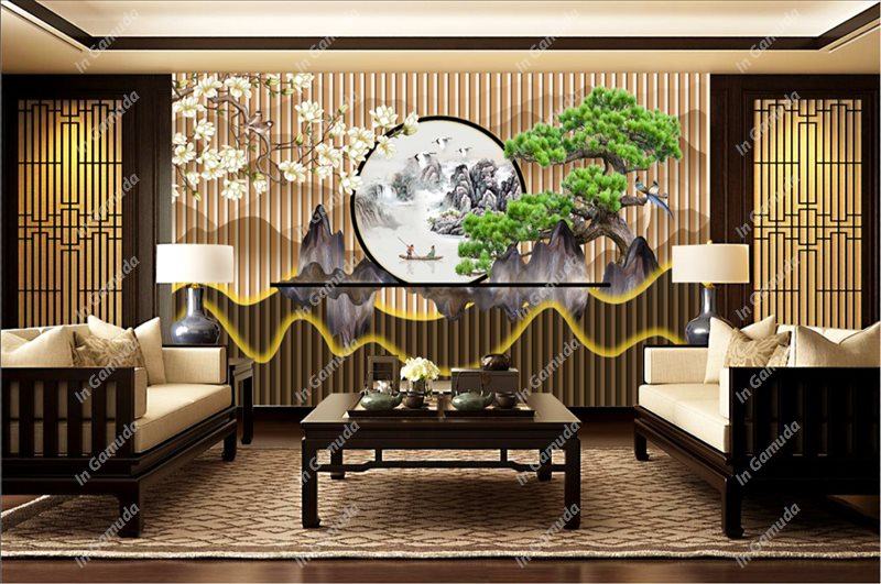 Tranh dán tường quán đông y dưỡng sinh - Mẫu lam sóng hiện đại - Xưởng In Gamuda MDS:018