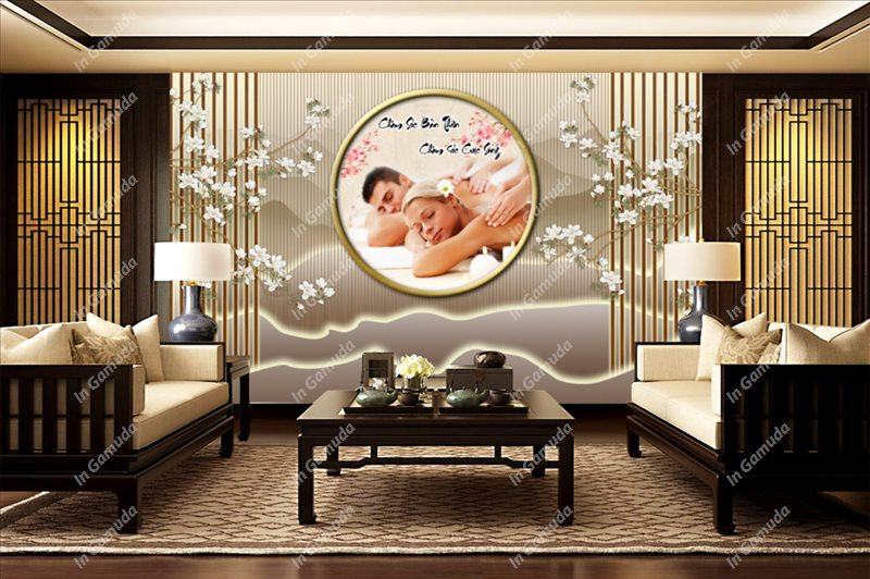 Tranh dán tường quán đông y dưỡng sinh - Mẫu lam sóng hiện đại - Xưởng In Gamuda MDS:002