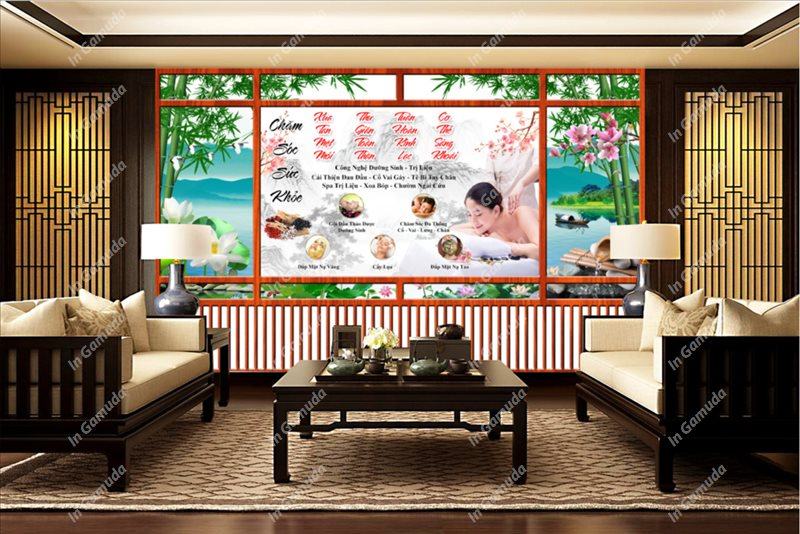 Tranh dán tường quán đông y dưỡng sinh - Mẫu lam sóng hiện đại - Xưởng In Gamuda MDS:006