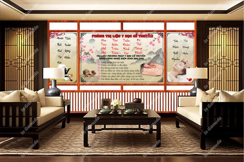 Tranh dán tường quán đông y dưỡng sinh - Mẫu lam sóng hiện đại - Xưởng In Gamuda MDS:007