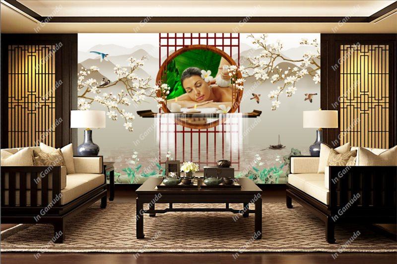 Tranh dán tường quán đông y dưỡng sinh - Mẫu lam sóng hiện đại - Xưởng In Gamuda MDS:009