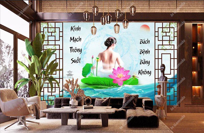 Tranh dán tường quán đông y dưỡng sinh - Mẫu lam sóng hiện đại - Xưởng In Gamuda MDS:023