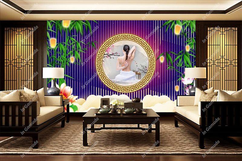 Tranh dán tường quán đông y dưỡng sinh - Mẫu lam sóng hiện đại - Xưởng In Gamuda MDS:027