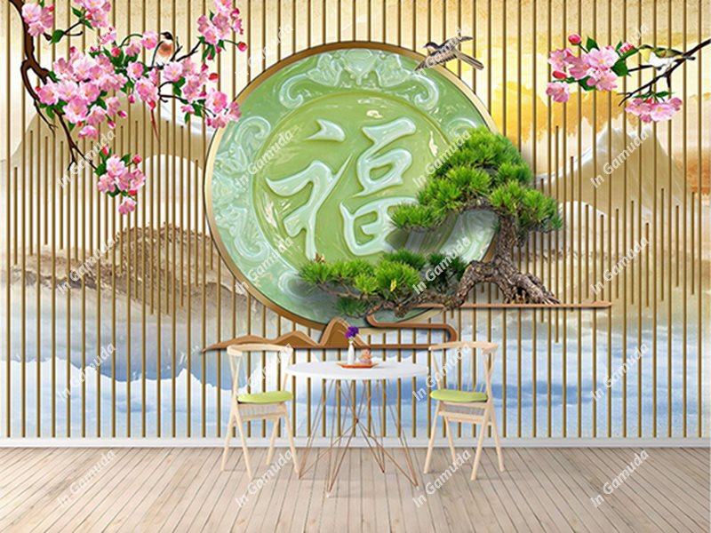 Tranh lam sóng dán tường vải lụa cao cấp tranh 5D sang trọng trang trí phòng khách nền tươi sáng chữ phúc giả ngọc cây tùng la hán