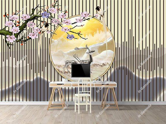 Tranh lam sóng dán tường vải lụa cao cấp tranh 5D sang trọng trang trí phòng khách nền tươi sáng cây mai ngọc