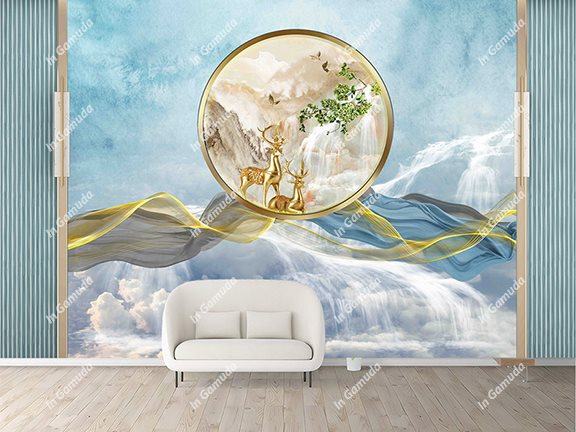 Tranh lam sóng dán tường vải lụa cao cấp tranh 5D sang trọng trang trí phòng khách nền tươi sáng