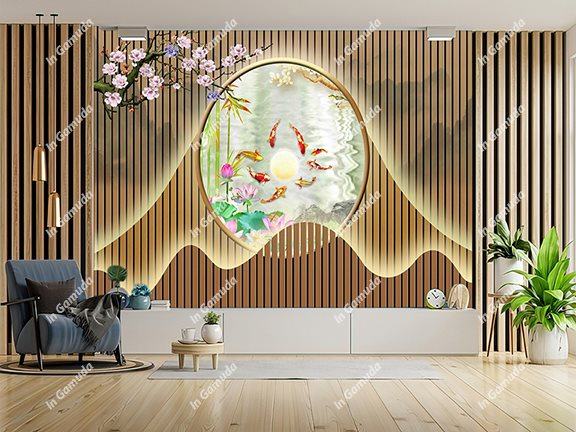 Tranh lam sóng dán tường vải lụa cao cấp tranh 5D sang trọng nền cửu ngư quần hội