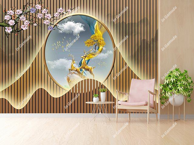 Tranh lam sóng dán tường vải lụa cao cấp tranh 5D sang trọng hươu tài lộc nền trầm