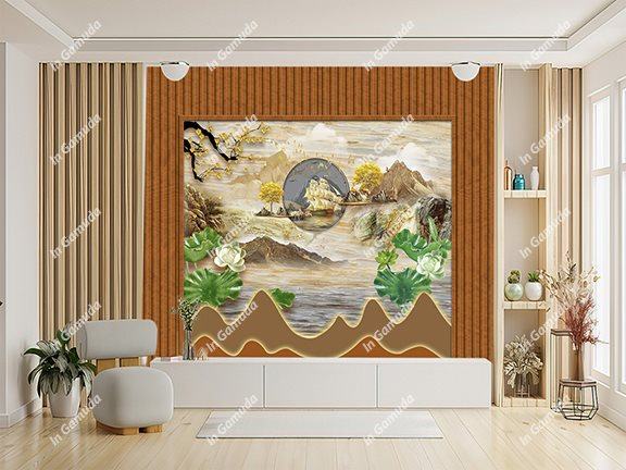 Tranh lam sóng hiện đại trang trí phòng khách mẫu mới 2023 hiện đại sang trọng thuận buồm hoa sen ngọc