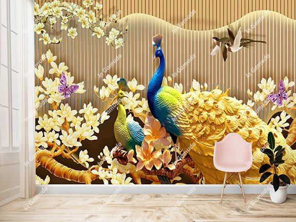 Tranh lam sóng hiện đại trang trí phòng khách mẫu mới 2023 hiện đại sang trọng chim công hoa mộc lan