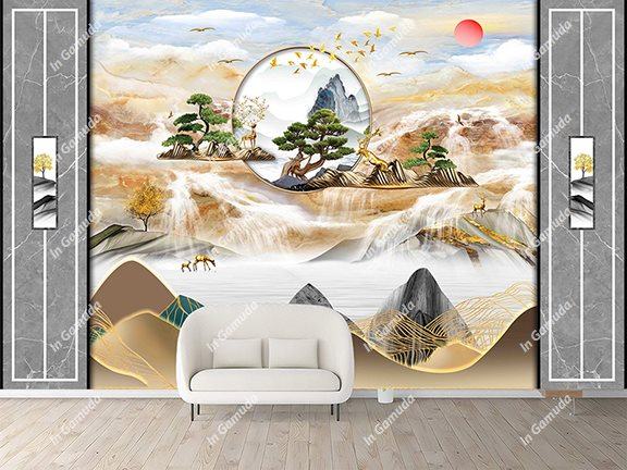Tranh lam sóng hiện đại trang trí phòng khách mẫu mới 2023 cây tùng la hán thác nước