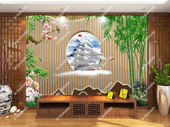 Tranh dán tường thuận buồm xuôi gió in trên nền lam sóng tranh vải lụa dán tường - rèm cuốn tranh - tranh PVC sản xuất tại xưởng in Gamuda