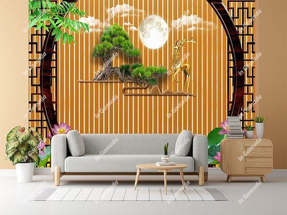 Tranh 5D Cây Tùng La Hán Lam Sóng Tranh Lụa Dán Tường In Cao Cấp