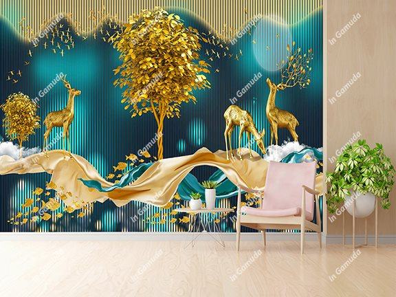 Tranh hươu tài lộc lam sóng mầu nền xanh cây kim tiền vàng tài lộc