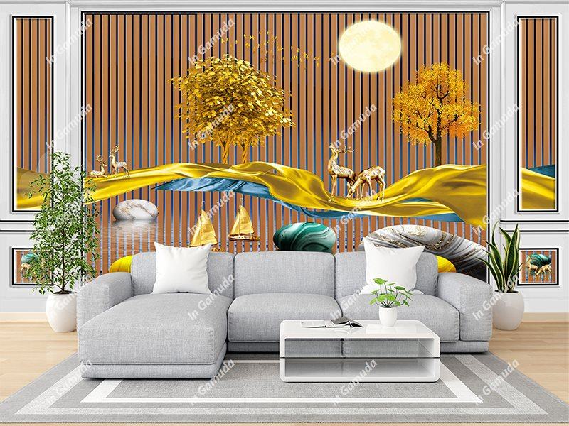 Tranh hươu tài lộc lam sóng mầu gỗ nâu