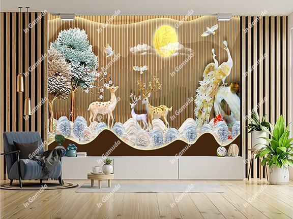 Tranh 5D dán tường chim công lam sóng hươu tài lộc trang trí phòng khách tông mầu trầm gỗ ngọc 