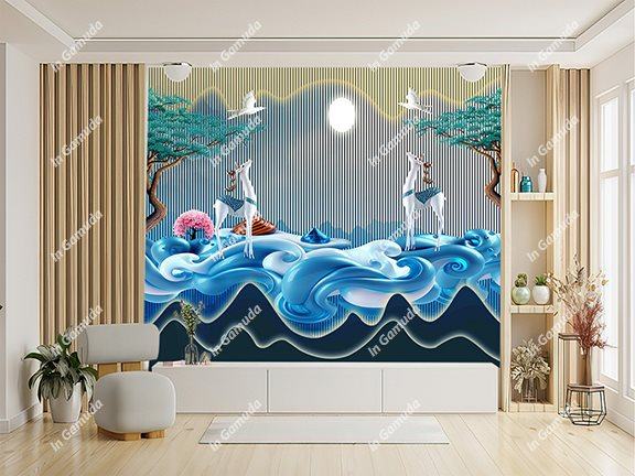 Tranh 5D lam sóng hươu tài lộc trang trí phòng khách