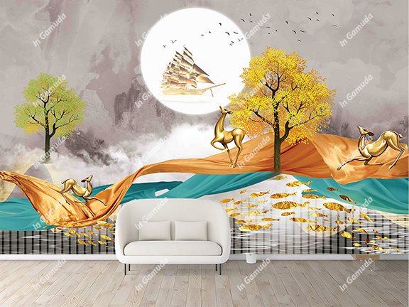 Tranh 5D dán tường in hình thuận buồm kim tiền tài lộc sang trọng hiện đại trang trí phòng khách