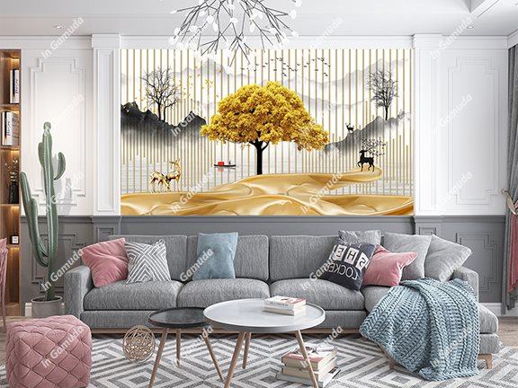 Tranh dán tường 5D in hình lam sóng cây kim tiền tài lộc sang trọng