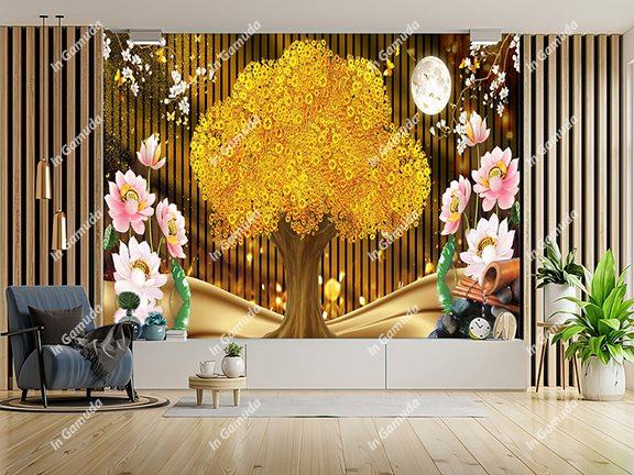 Tranh dán tường lam sóng hiện đại in hình 5D cây kim tiền tài lộc mẫu xu hướng 2023