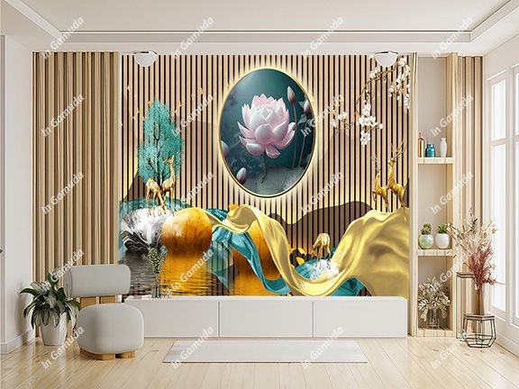 Tranh dán tường hoa sen lam sóng in 5D sang trọng cao cấp