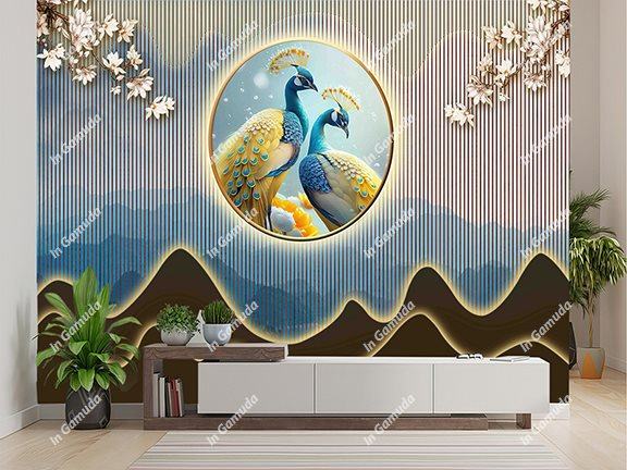 Tranh 5D phòng khách chim công lam sóng in vải lụa dán tường cao cấp hiện đại sang trọng
