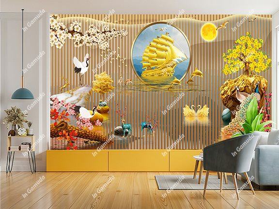 mẫu tranh phòng khách hiện đại lam sóng thuận buồm 5D tranh vải lụa cao cấp