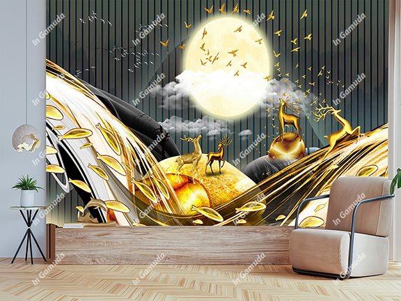 Tranh dán tường phòng khách mẫu hiện đại lam sóng 5D cao cấp