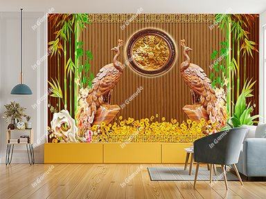 Tranh Lam Sóng Phòng Khách Chim Công Hiện Đại Giả Gỗ