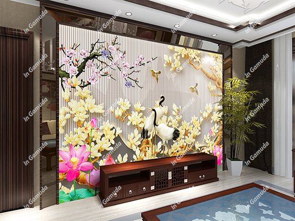 Mẫu tranh tùng hạc hoa mộc lan đẹp cho phòng khách