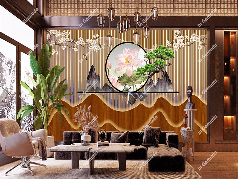 Tranh hoa sen trang nhã mầu sắc nhẹ nhàng sang trọng cho phòng khách hiện đại in tại xưởng gamuda