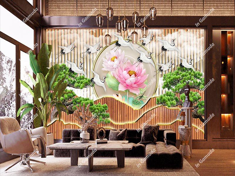Tranh hoa sen tùng hạc phào chỉ lam sóng sang trọng cho phòng khách