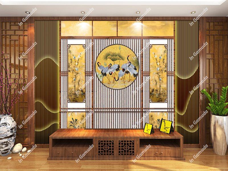 Tranh phào chỉ lam sóng tùng hạc phong cách indochine sang trọng
