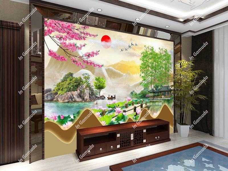 Tranh lam sóng trang trí phòng khách sơn thủy phong cảnh 4 mùa