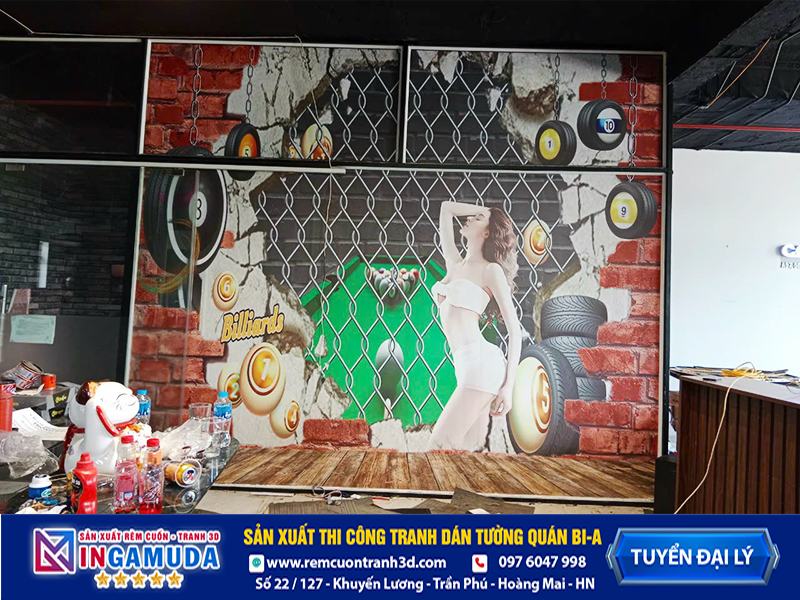 Tranh cho quán bi-a mẫu thi công thực tế vải lụa dán tường siêu bền đẹp - Xưởng In Gamuda MS:027