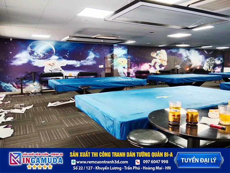 Tranh cho quán bi-a mẫu thi công thực tế vải lụa dán tường siêu bền đẹp - Xưởng In Gamuda Mẫu vũ trụ