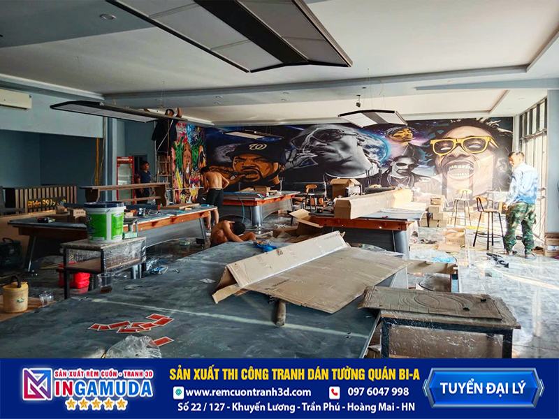 Tranh cho quán bi-a mẫu thi công thực tế vải lụa dán tường siêu bền đẹp