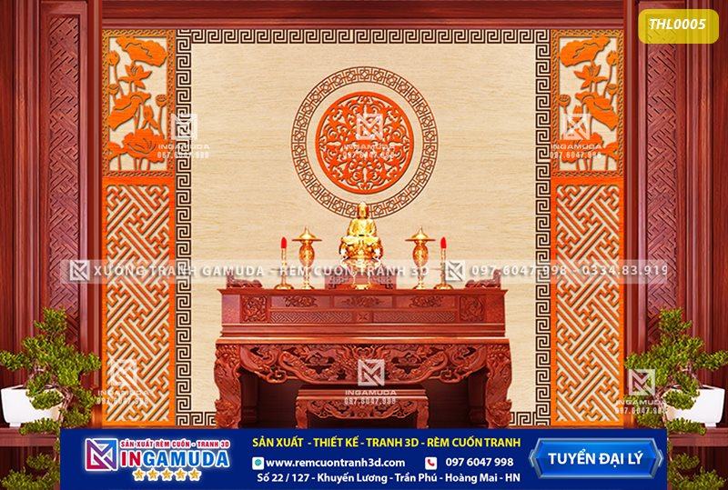 Tranh phòng thờ thiết kế thẩm mỹ kết hợp với hoa sen trúc chỉ tạo không gian phòng thờ linh thiêng ấm cúng sang trọng