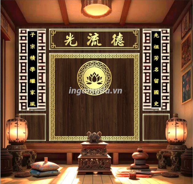 Tranh phòng thờ in giả gỗ 3D hình chữ Thọ có hoa sen in trúc chỉ sang trọng tại xưởng in gamuda thiết kế và sản xuất 2023-2024