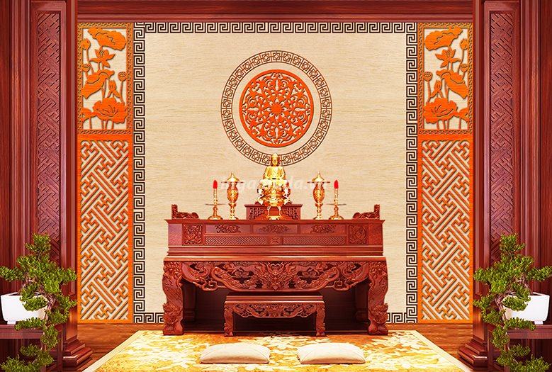 Tranh phòng thờ in giả gỗ 3D hình chữ Thọ có hoa sen in trúc chỉ sang trọng tại xưởng in gamuda