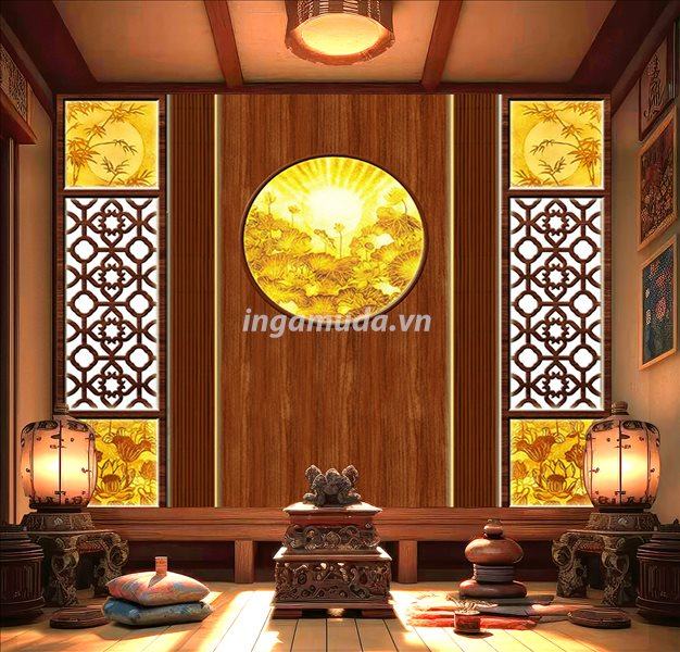 Tranh dán tường phòng thờ trang trí mẫu tranh đẹp in vải lụa cho không gian thờ cúng tại xưởng in gamuda