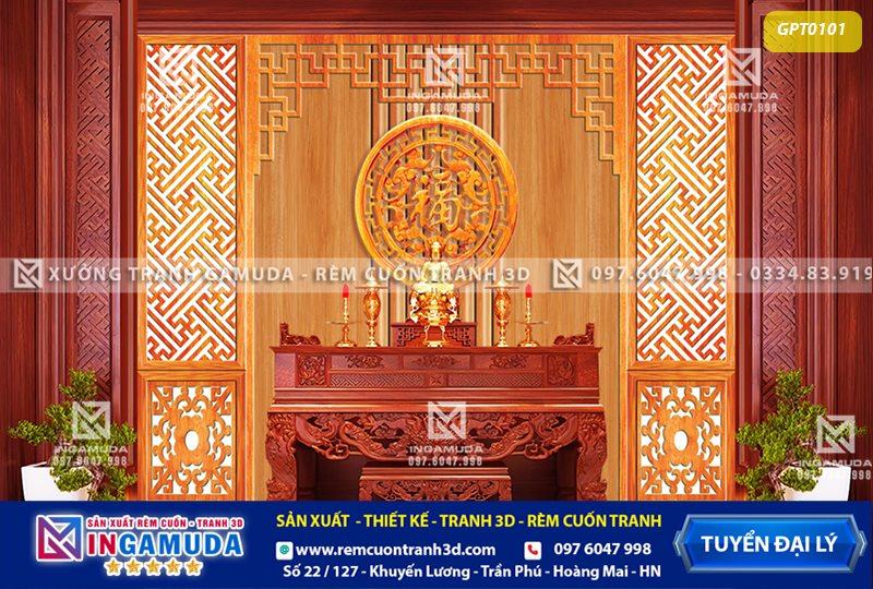 Tranh phòng thờ được in 5D giả gỗ trên vải lụa nhìn chân thực chi tiết sắc xảo nét nhất khi in trên vải lụa không dệt phủ bóng tại xưởng in Gamuda