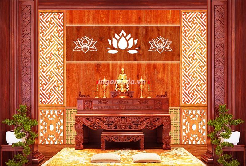 Tranh phòng thờ in giả gỗ 3D hình chữ Thọ có hoa sen in trúc chỉ sang trọng tại xưởng in gamuda thiết kế và sản xuất
